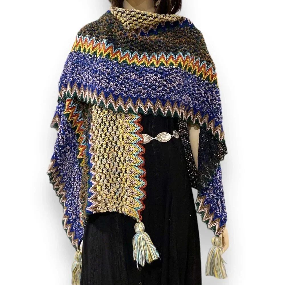 Multicolor Cashmere Knit Tassel Trim Poncho Wrap - NWT